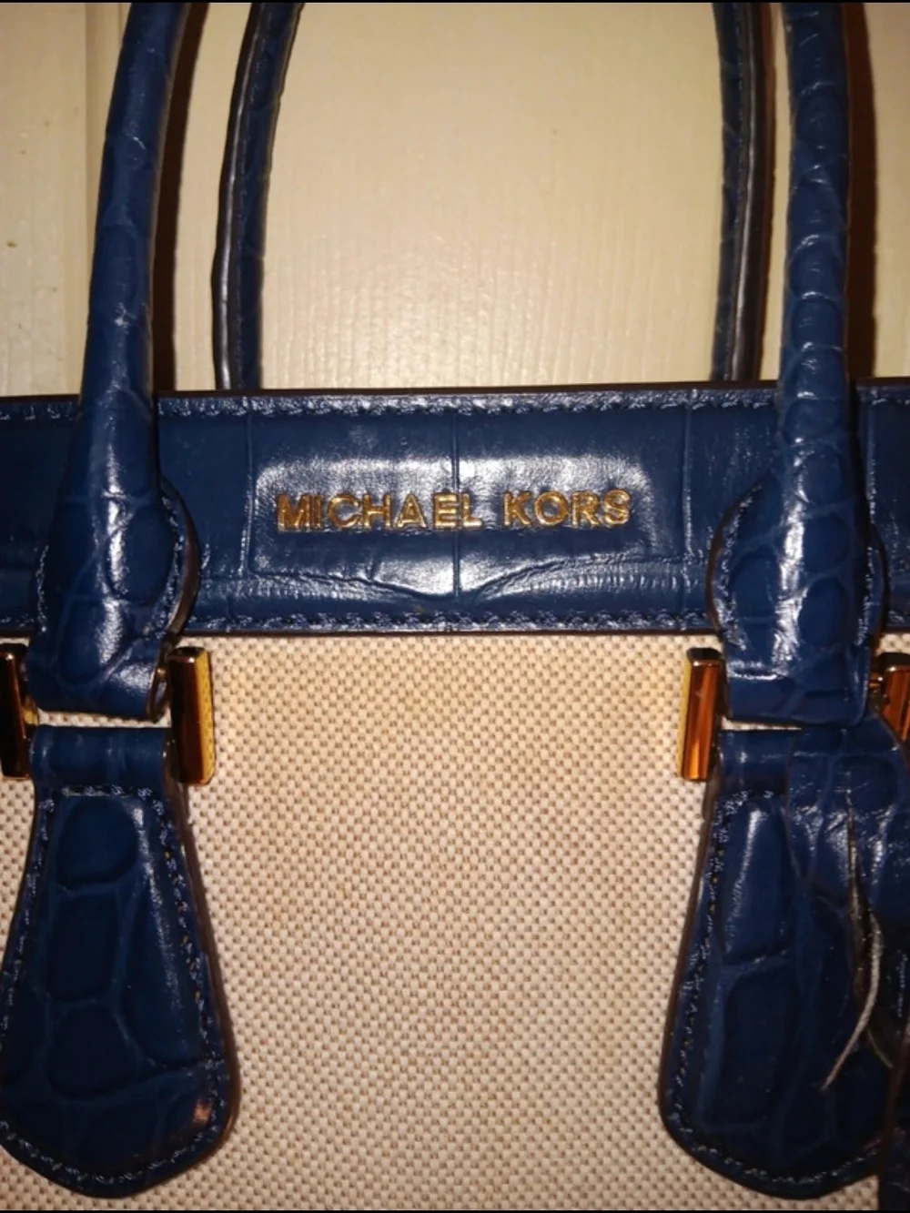 Michael Kors Beige Canvas and Dark Blue Croc Embossed Leather Crossbody Satchel